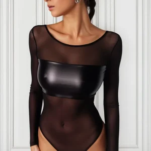 Body Sexy de Malla y Cuero Imitación para Mujer