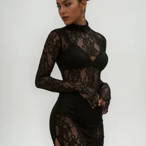 Vestido Encaje Transparencia Manga Larga de Moda